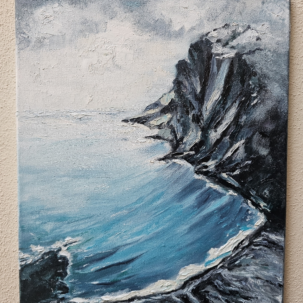 Hand oil Painted Clouds, mountains  and ocean